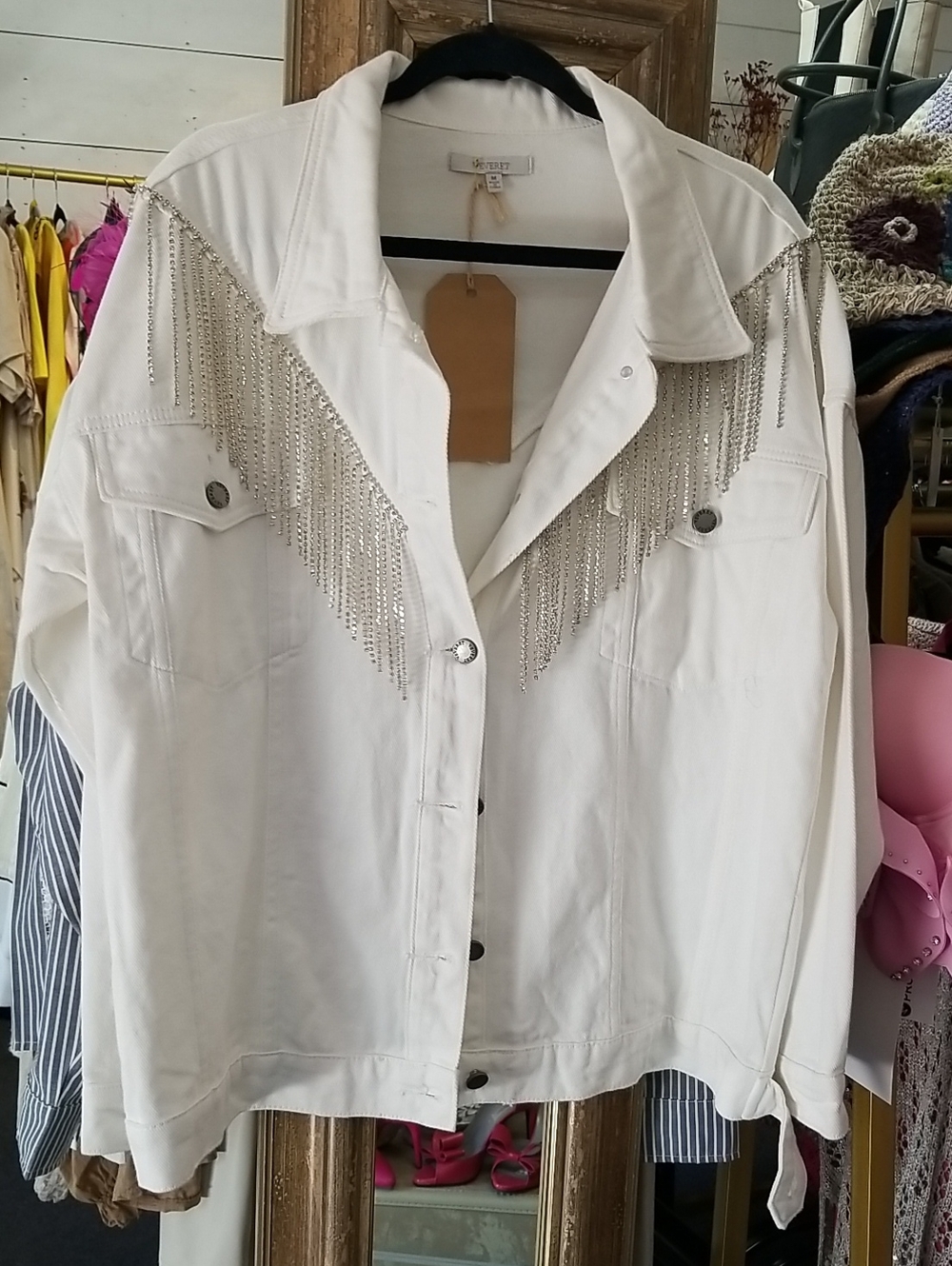 White Fringe-Trim Denim Jacket